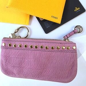 Fendi Key Case Key Cle Pouch Pink Suede Leather Gold Studs Lavender Blush Holder